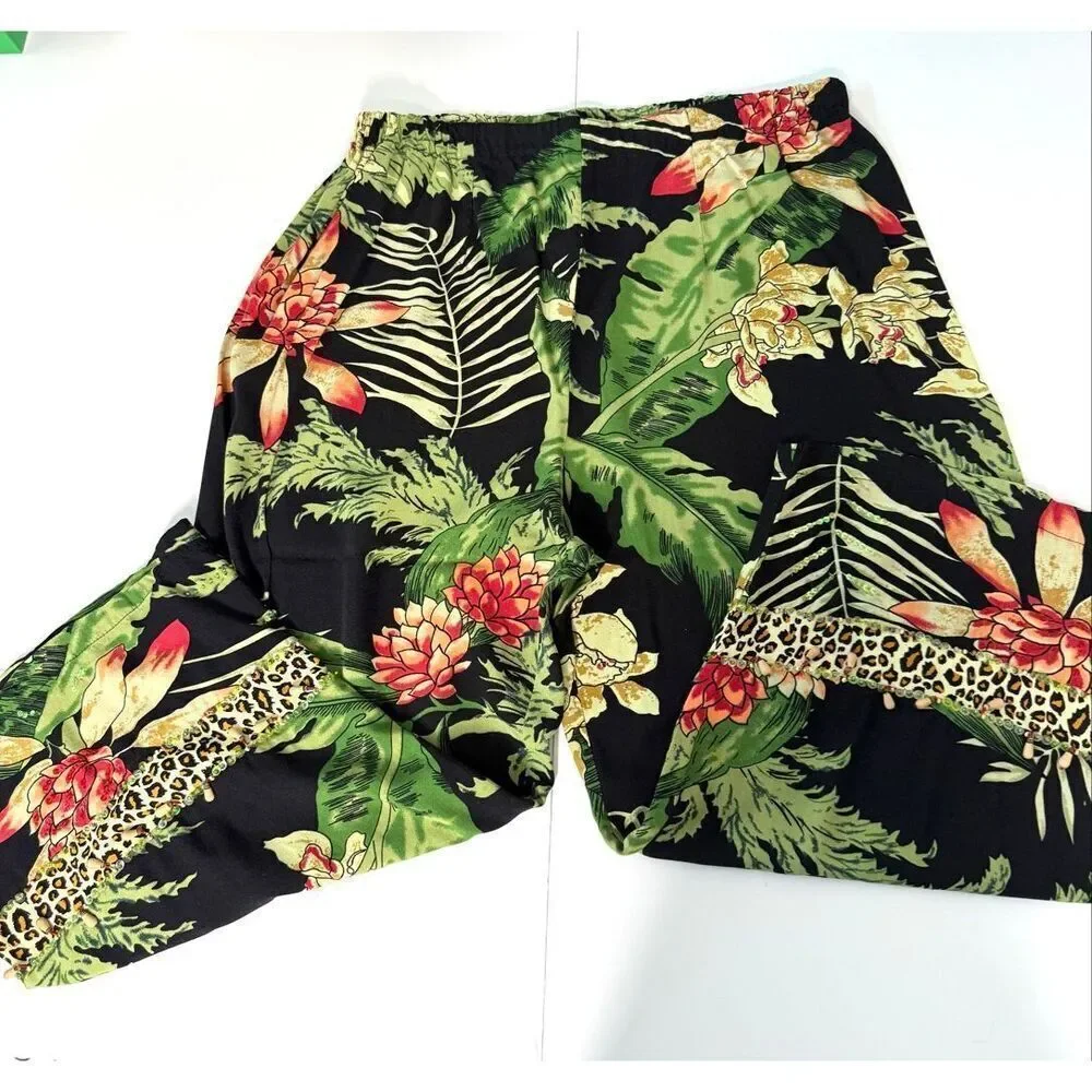Faith Resortwear Tropical Floral Sleeveless Dress Matching Pants Set Black Green